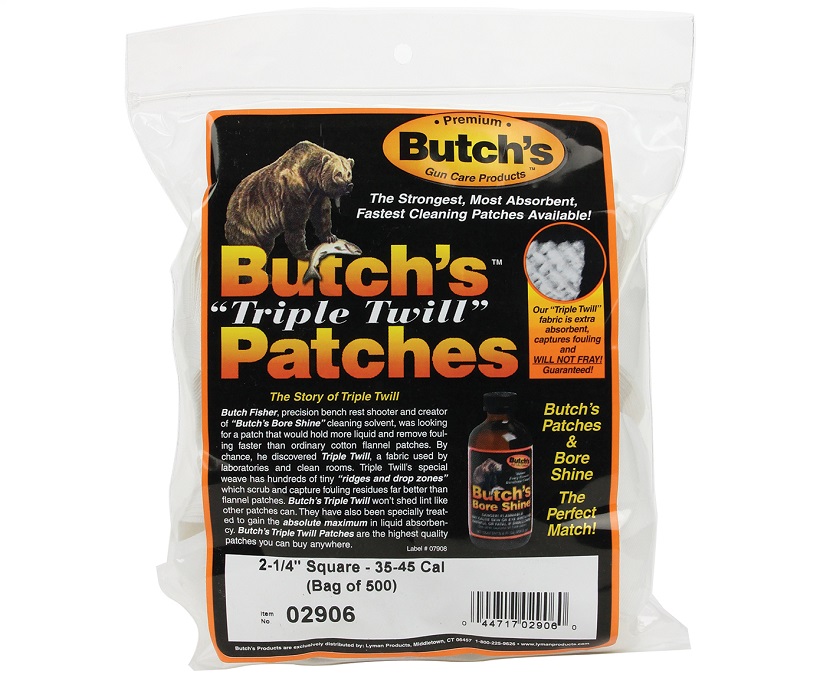 Butchs TRIPLE TWILL Barrel Cleaning Patches .35 to .45 square 57mm package of 500